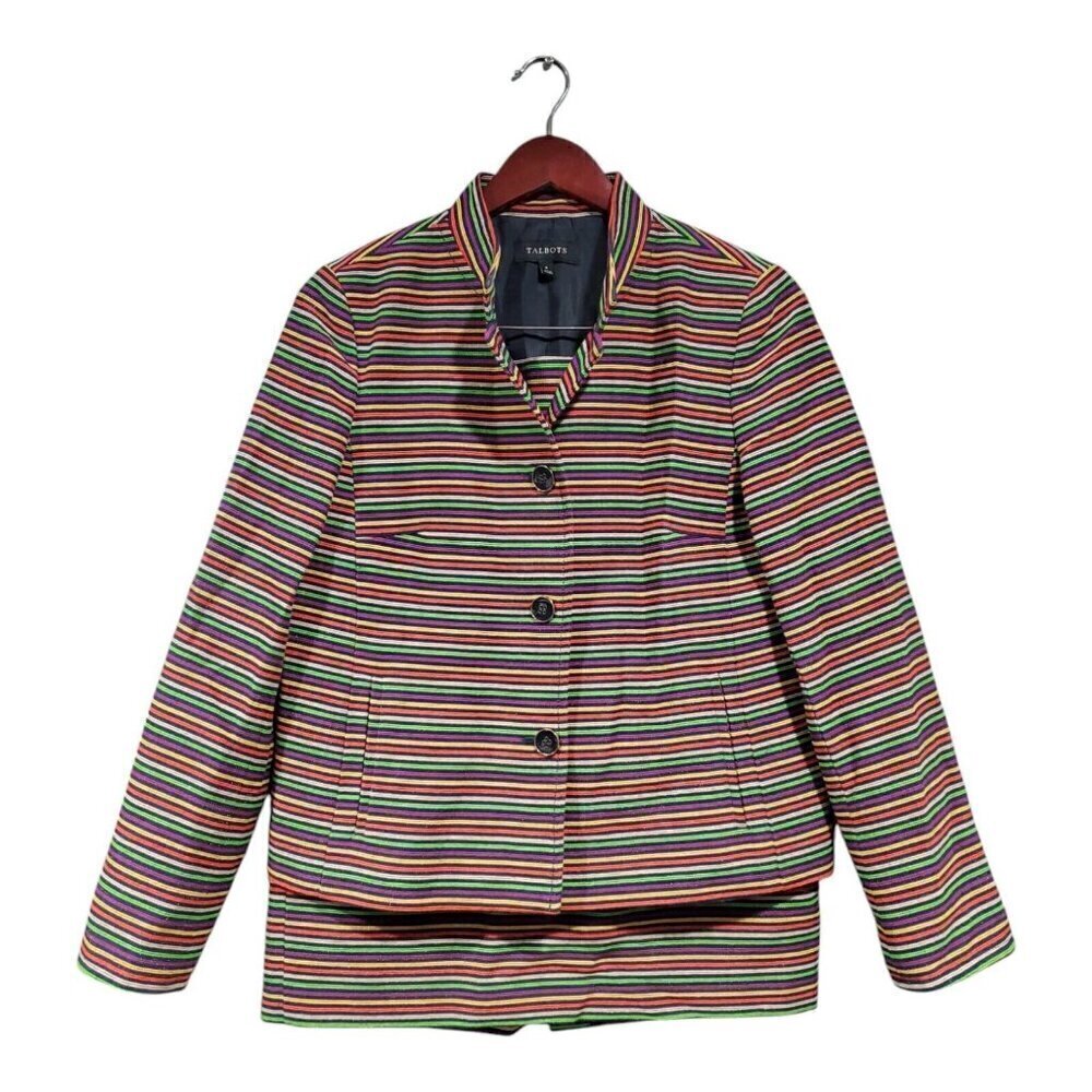 Talbots Women's Modernist Rainbow Candy Striped Chic Skirt Suit Set Sz Med 8/10